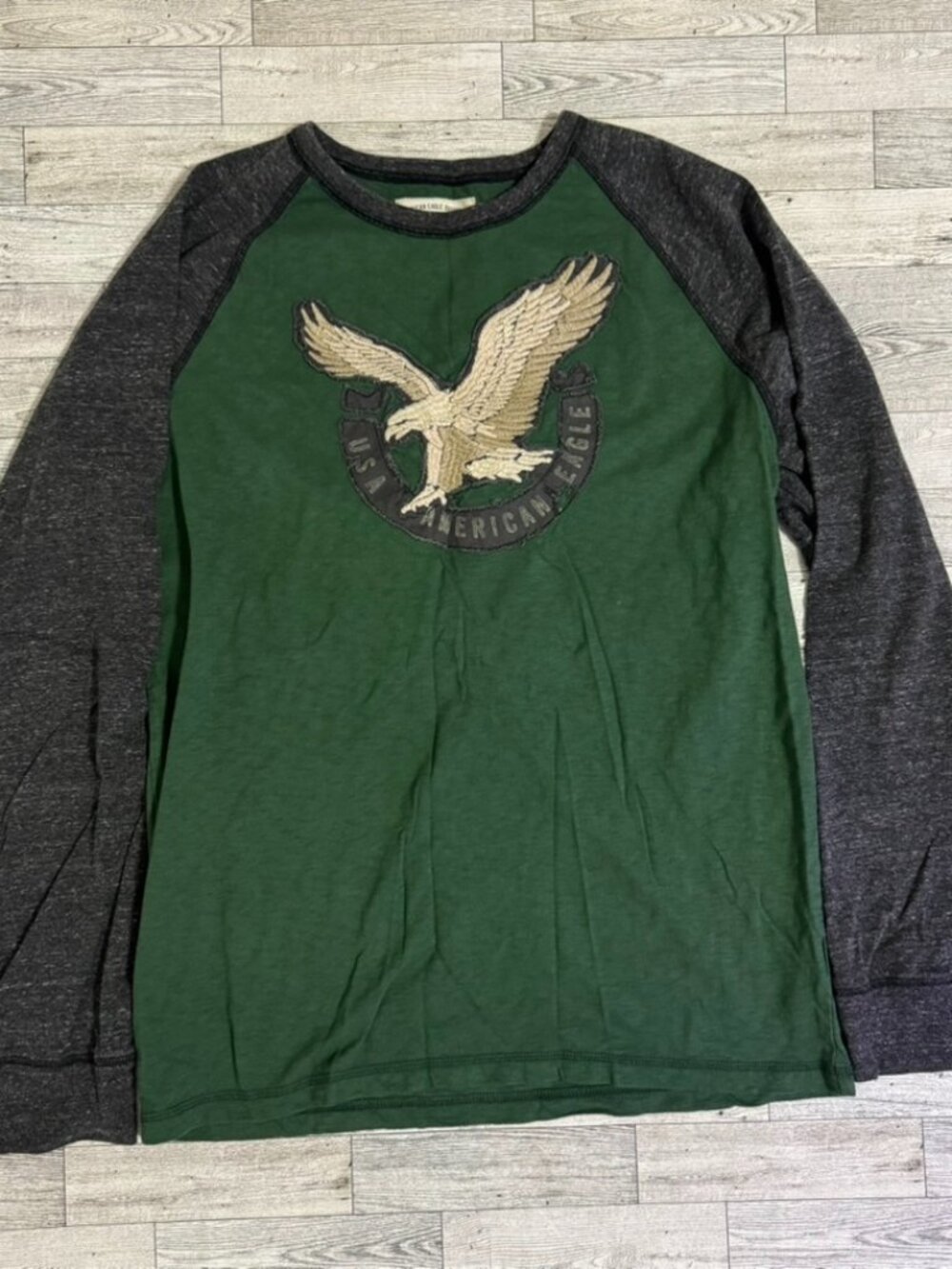 American Eagle Vintage Green Charcoal Grey Raglan Eagle Graphic Long Sleeve Shir